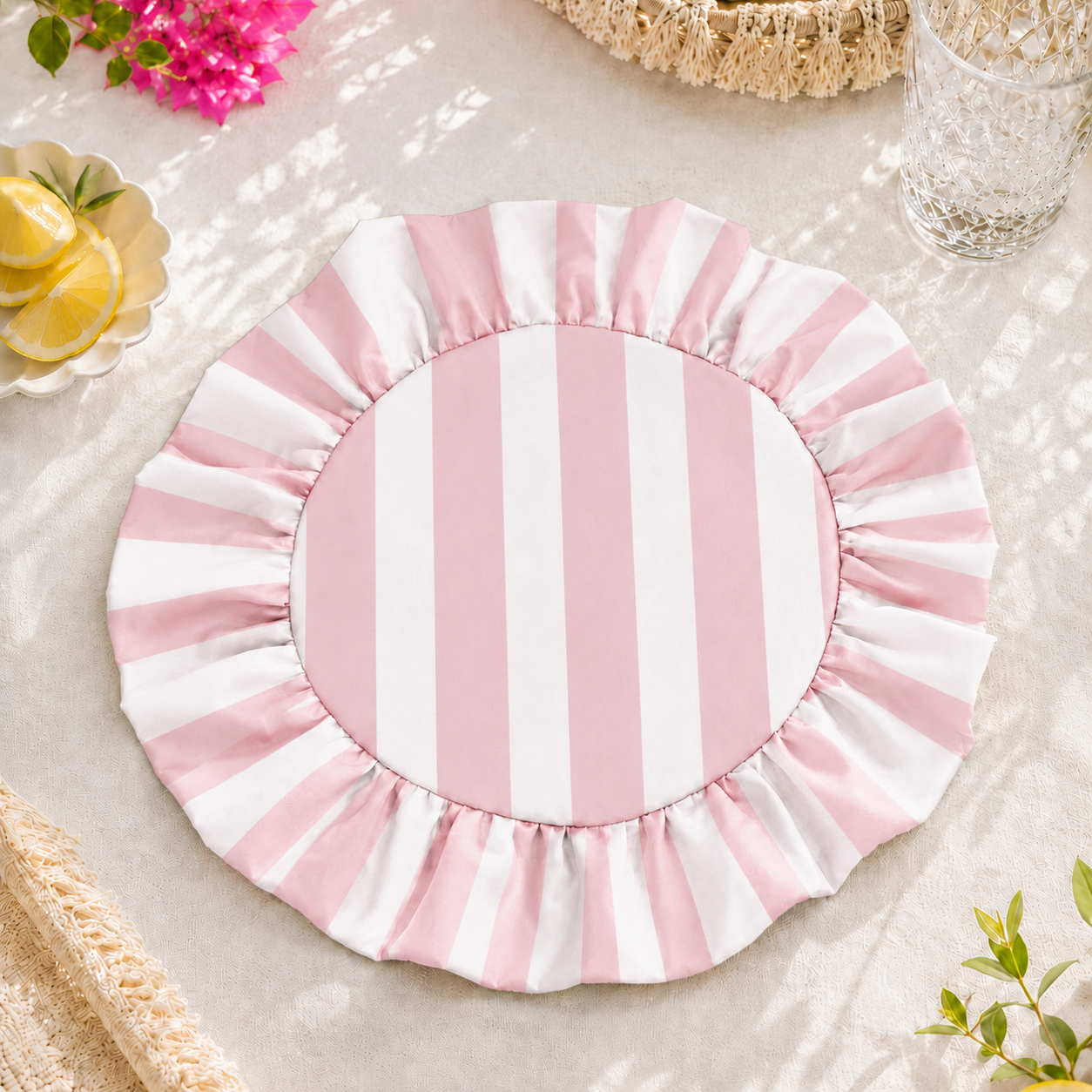 Tovagliette Americane Rotonde con Rouches Righe Bianco/Cipria Chiaro