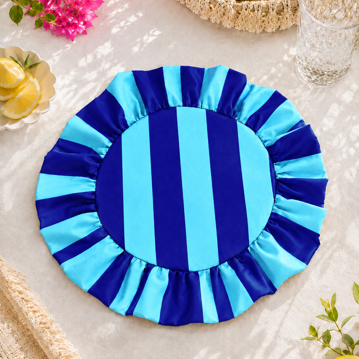 Tovagliette Americane Rotonde con Rouches Righe Celeste/Blu Elettrico