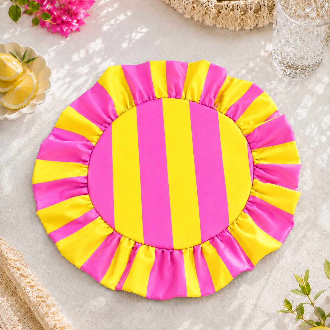 Tovagliette Americane Rotonde con Rouches Righe Giallo/Fucsia