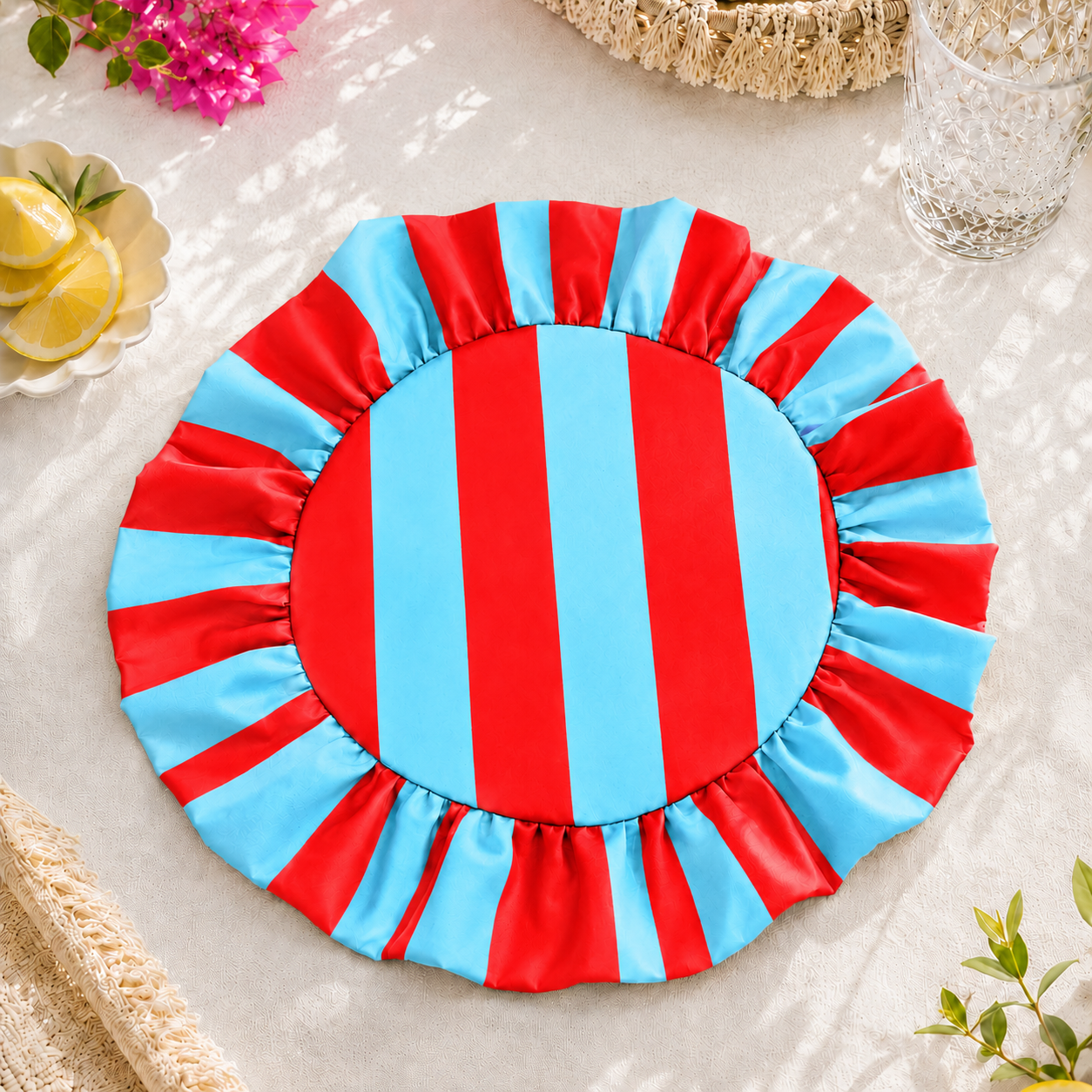 Tovagliette Americane Rotonde con Rouches Righe Celeste/Rosso