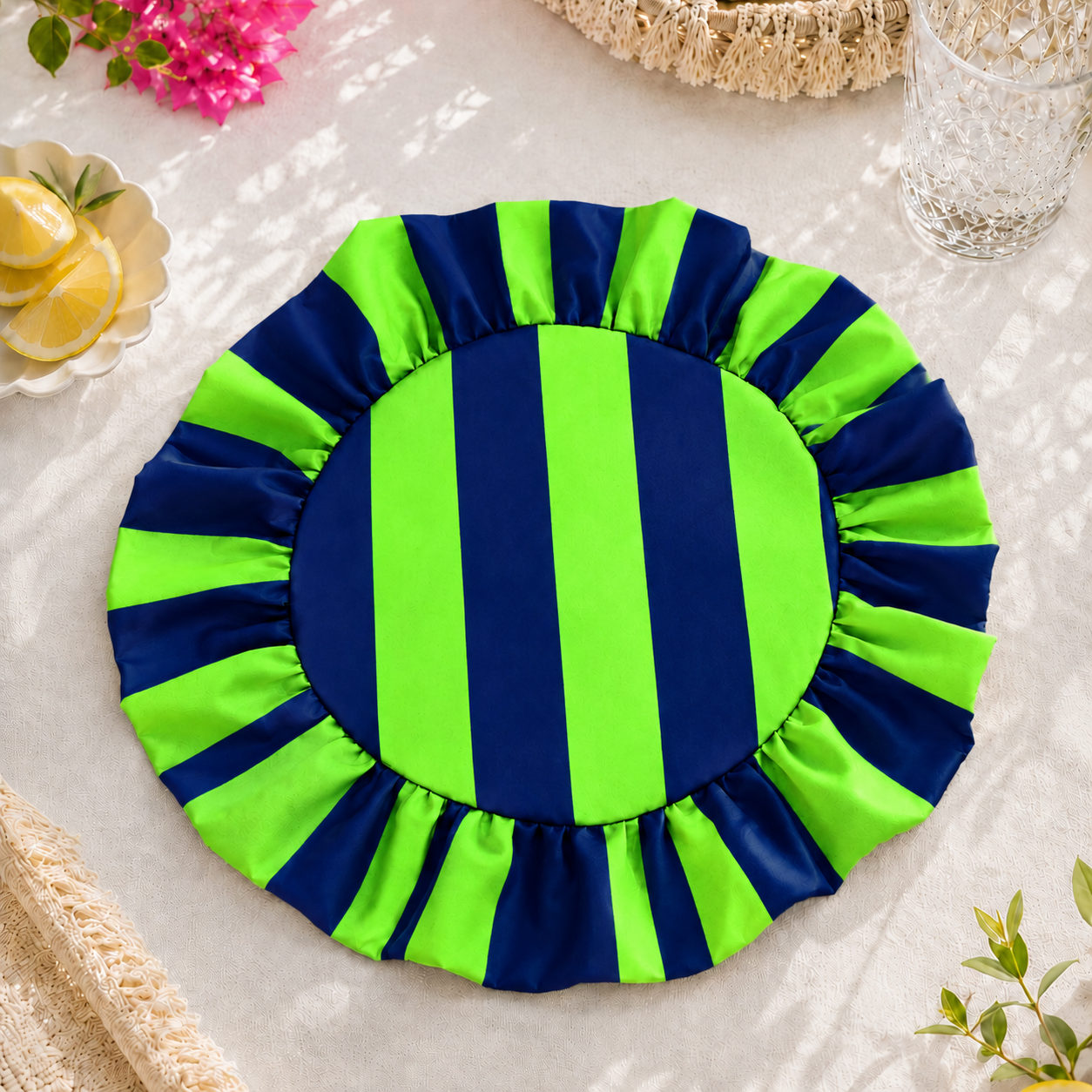 Tovagliette Americane Rotonde con Rouches Righe Verde Fluo/Blu Notte