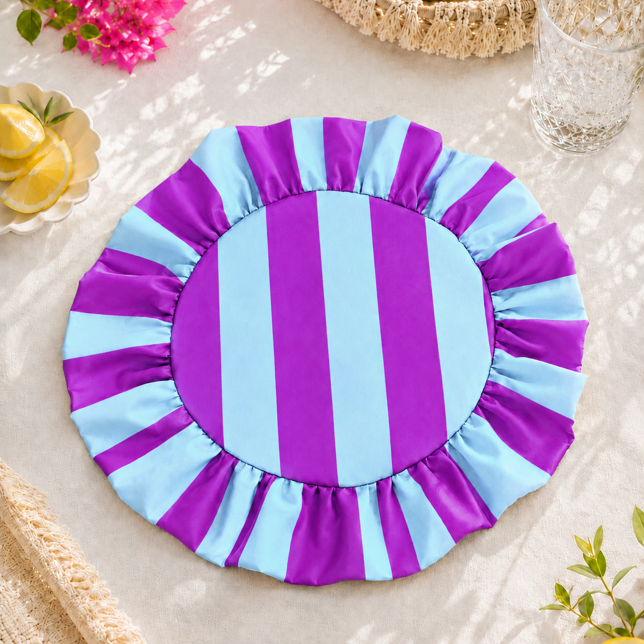 Tovagliette Americane Rotonde con Rouches Righe Viola/Celeste