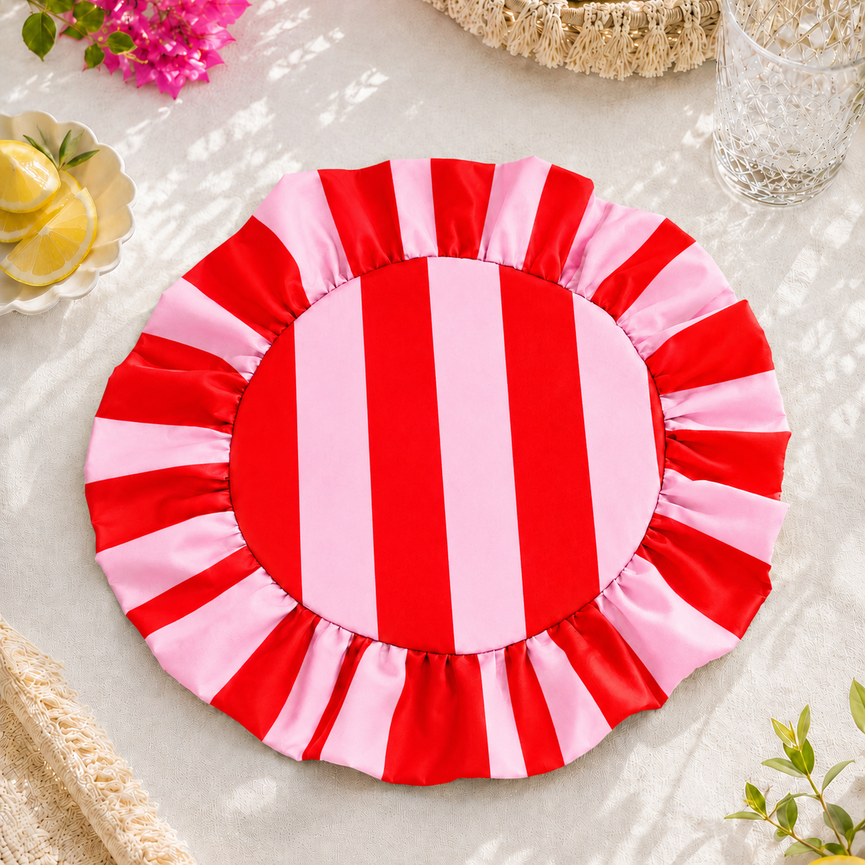Tovagliette Americane Rotonde con Rouches Righe Rosso/Rosa.