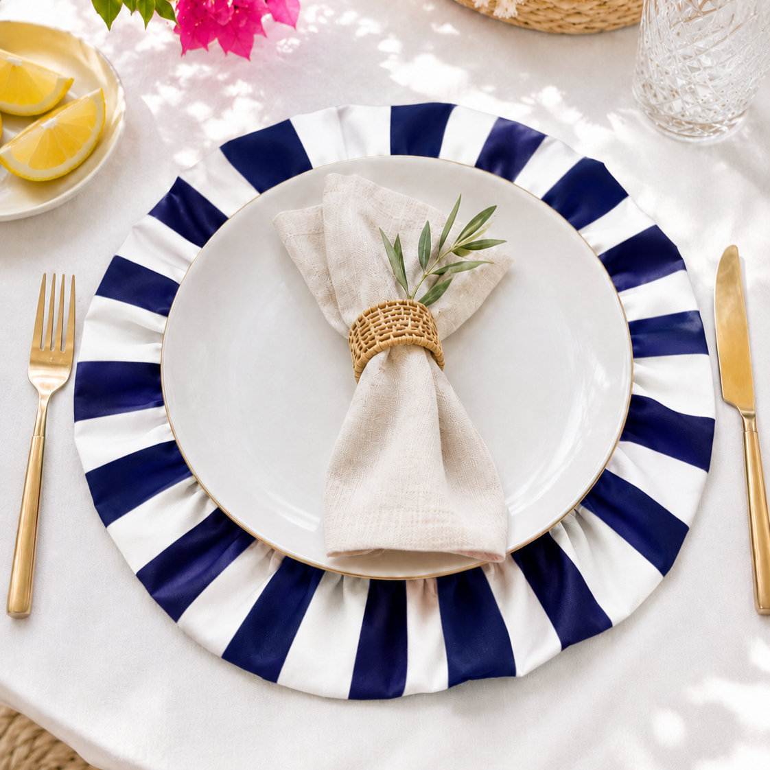 Tovagliette Americane Rotonde con Rouches Righe Bianco/Blu Notte