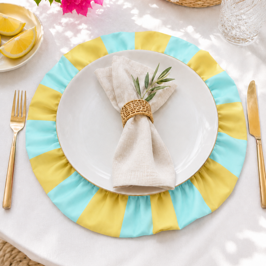 Tovagliette Americane Rotonde con Rouches Righe Giallo Ocra/Celeste
