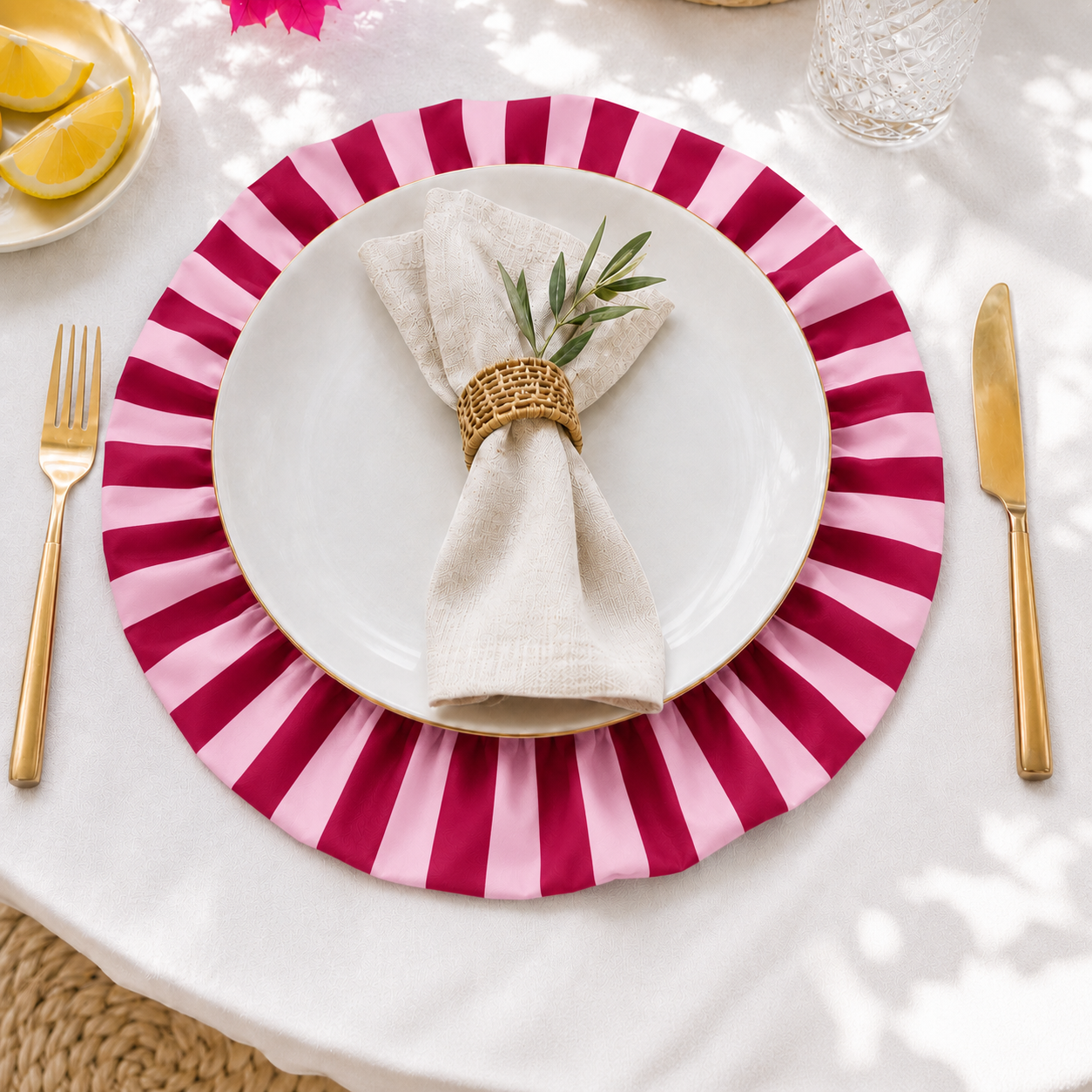 Tovagliette Americane Rotonde con Rouches Righe Rosa/Bordeaux