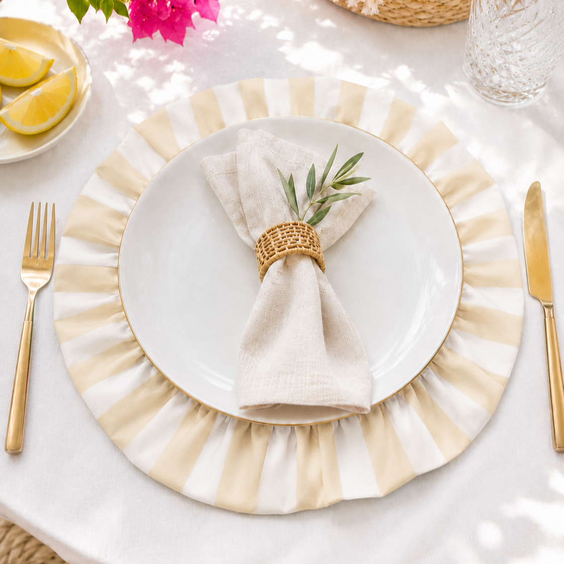 Tovagliette Americane Rotonde con Rouches Righe Bianco/Beige