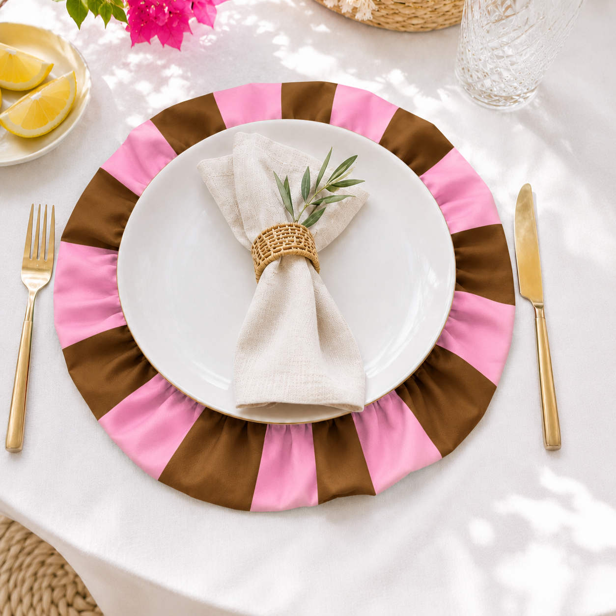 Tovagliette Americane Rotonde con Rouches Righe Marrone/Rosa