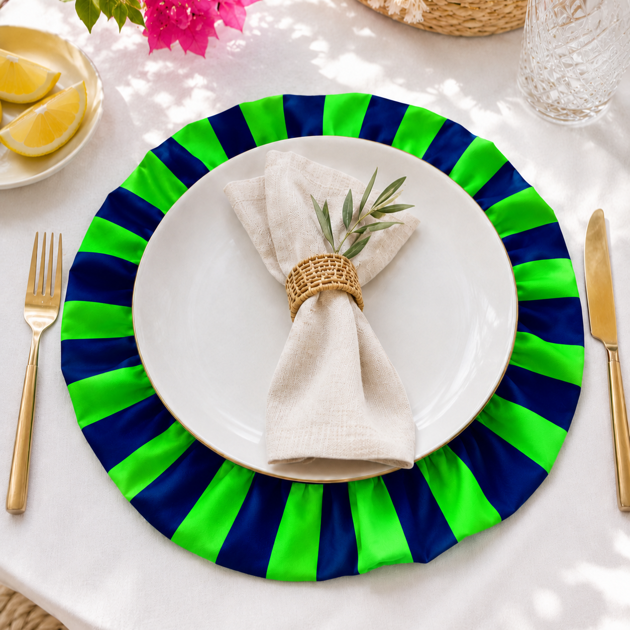 Tovagliette Americane Rotonde con Rouches Righe Verde Fluo/Blu Notte
