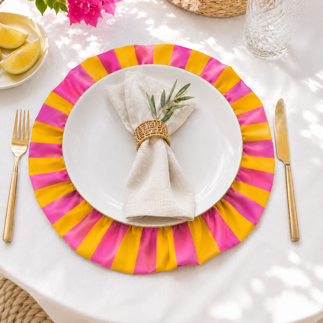 Tovagliette Americane Rotonde con Rouches Righe Arancione/Fucsia
