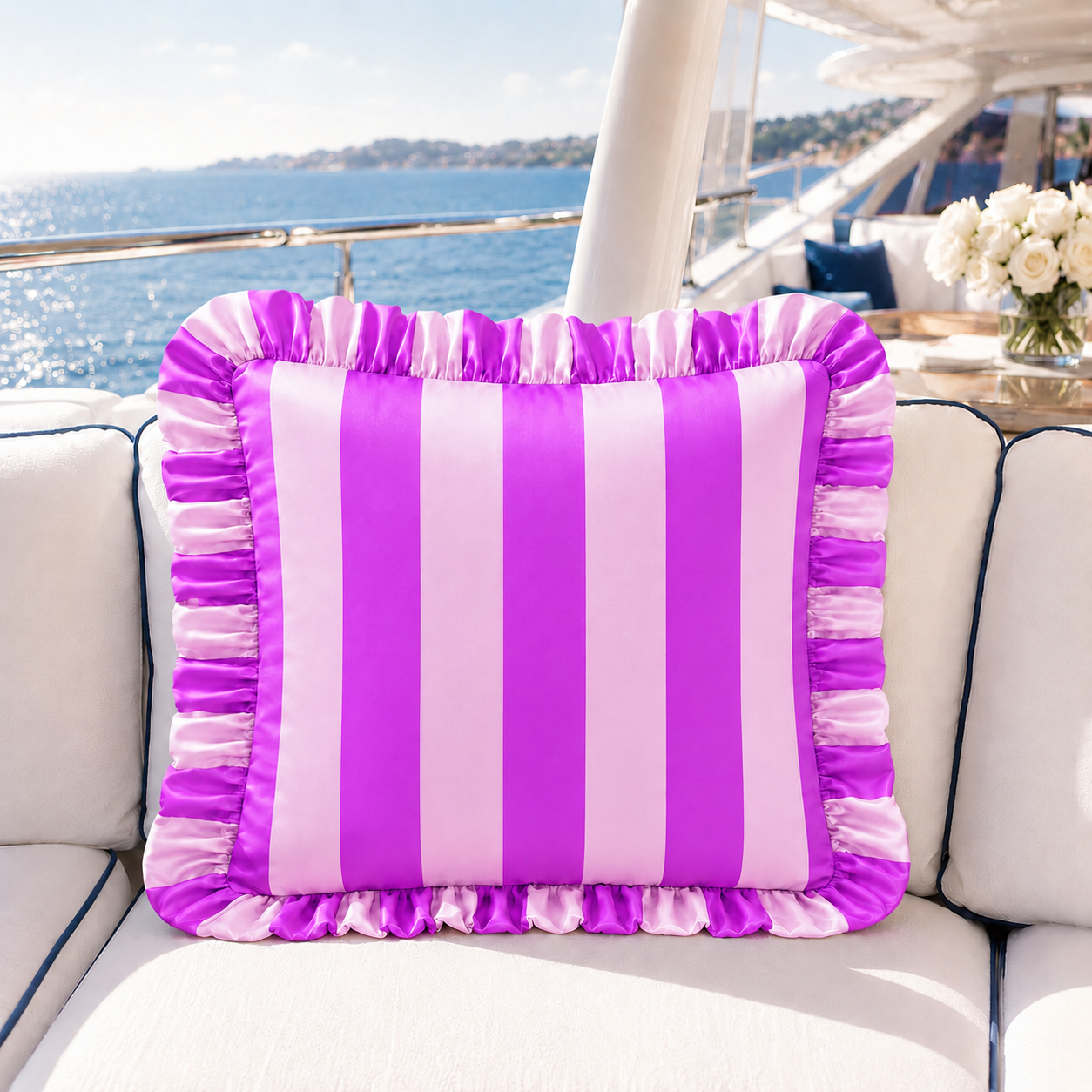 Cuscino Arredo con Rouches Righe Viola/Rosa