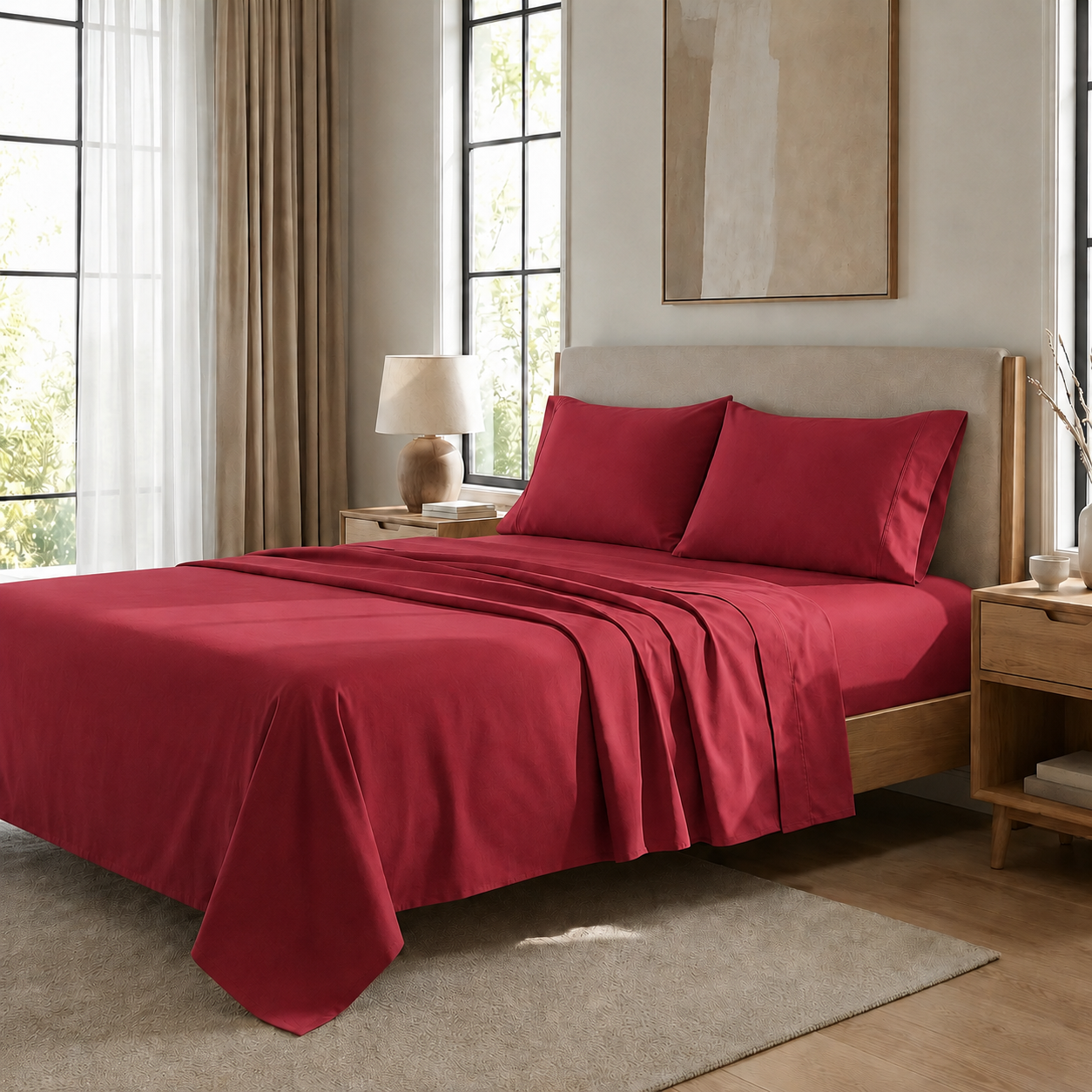 Draps Percale, Draps Double en Coton Bordeaux