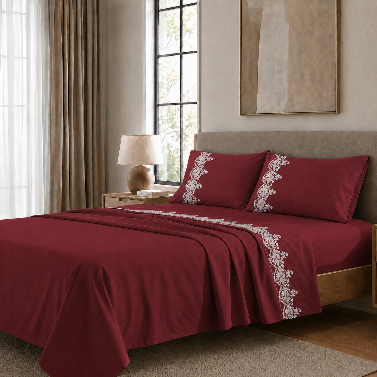 Draps Percale avec Dentelle, Draps Double en Coton Bordeaux