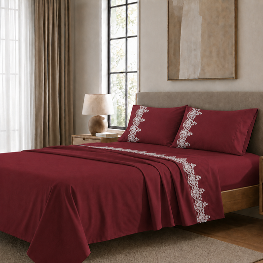 Lenzuola Percalle con Pizzo, Lenzuola Matrimoniali Cotone Bordeaux