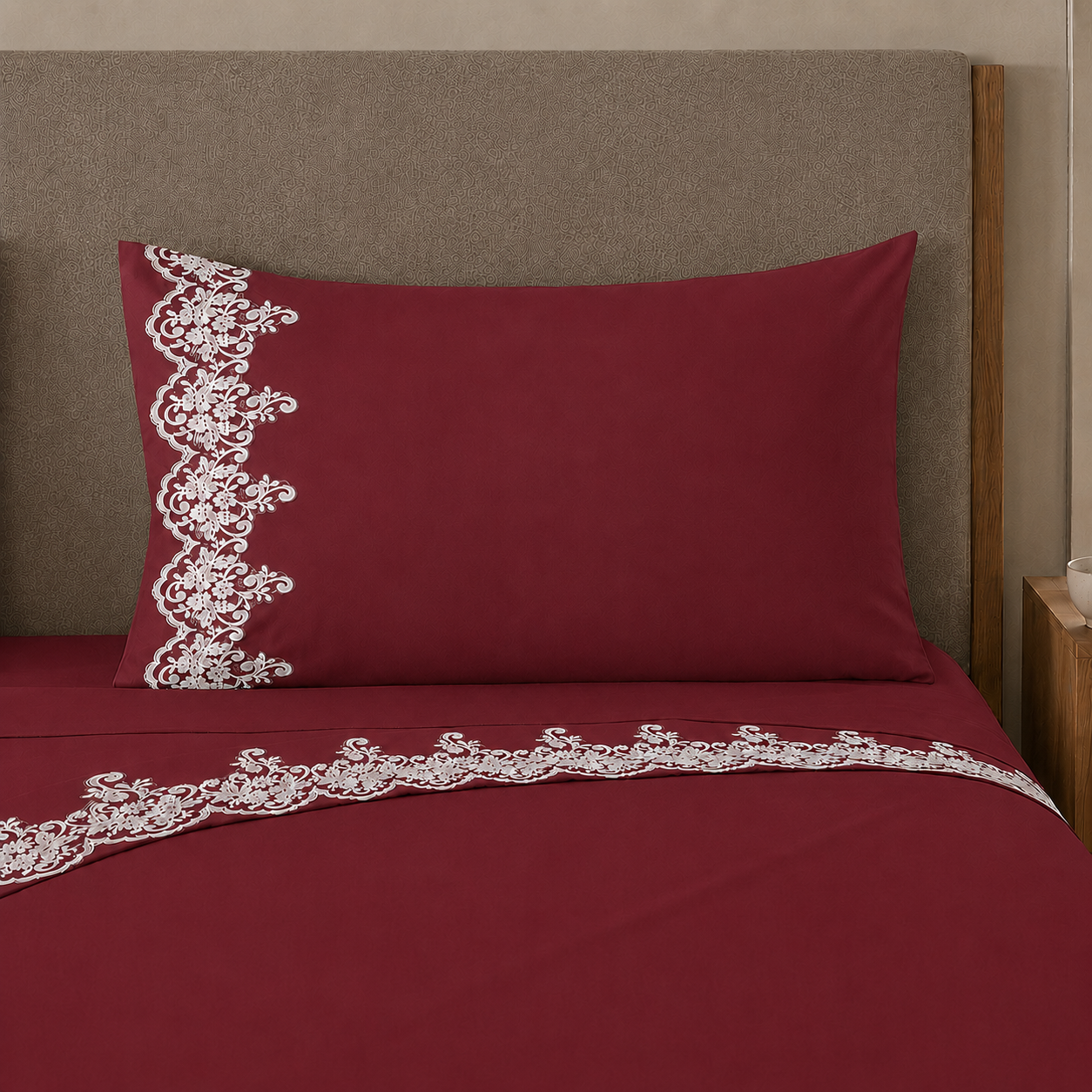 Draps Percale avec Dentelle, Draps Double en Coton Bordeaux