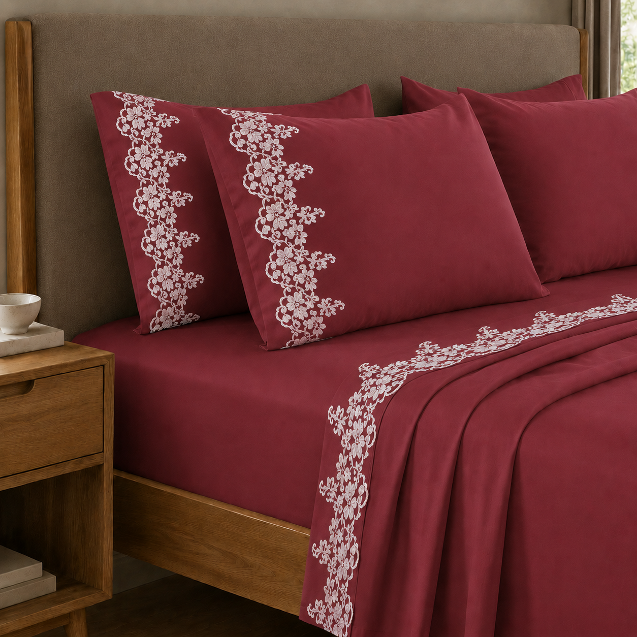 Draps Percale avec Dentelle, Draps Double en Coton Bordeaux