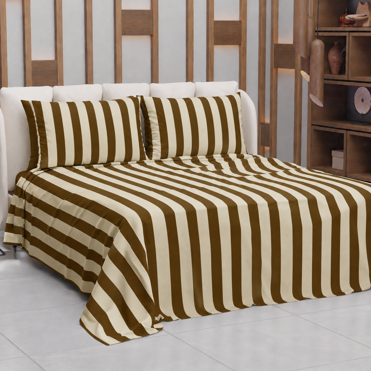 Copriletto Estivo, Coperta Leggera, con Federe Le Righe Marrone/Beige.