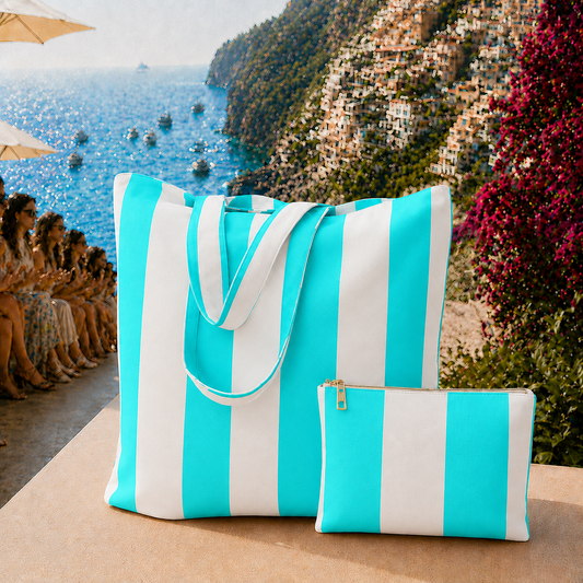 Collezione Mare in Stampa Digitale Righe Bianco/Tiffany.