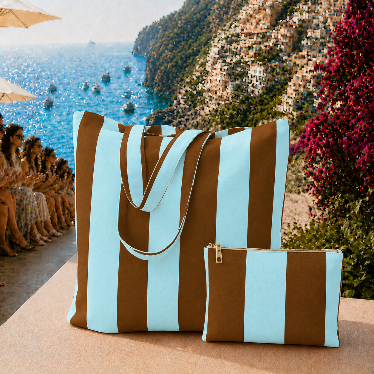 Collezione Mare in Stampa Digitale Righe Marrone/Celeste
