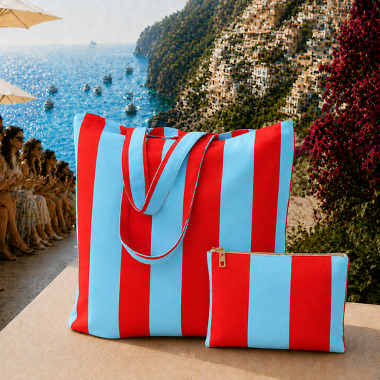 Collezione Mare in Stampa Digitale Righe Celeste/Rosso
