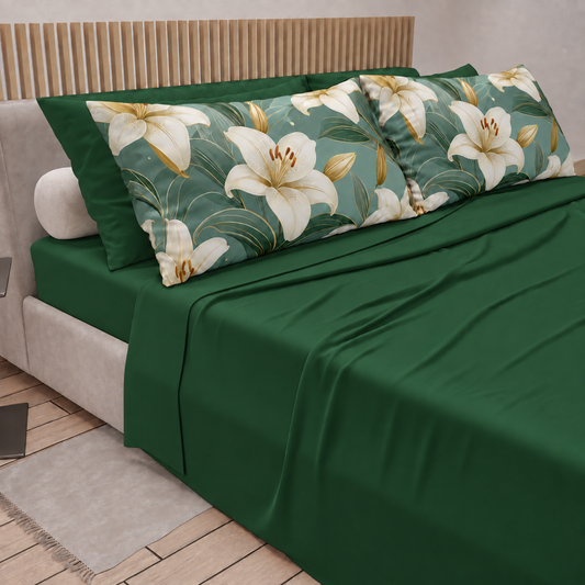 Lenzuola in Cotone, Completo Letto con Federe in Stampa Digitale Flora 07 Verde Scuro