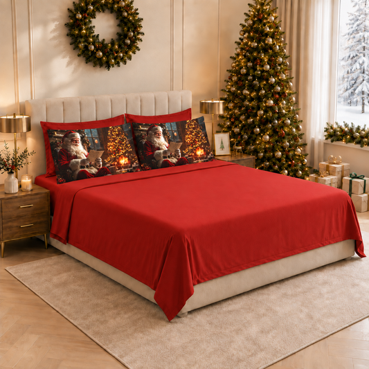 Lenzuola Natalizie in Cotone, Completo Letto con Federe in Stampa Digitale Santa Claus 02 Rosso