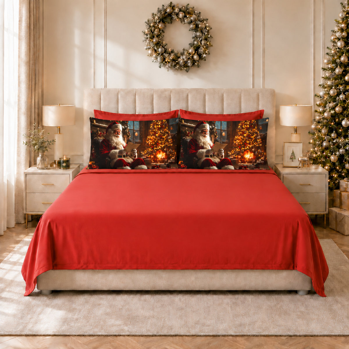 Lenzuola Natalizie in Cotone, Completo Letto con Federe in Stampa Digitale Santa Claus 02 Rosso