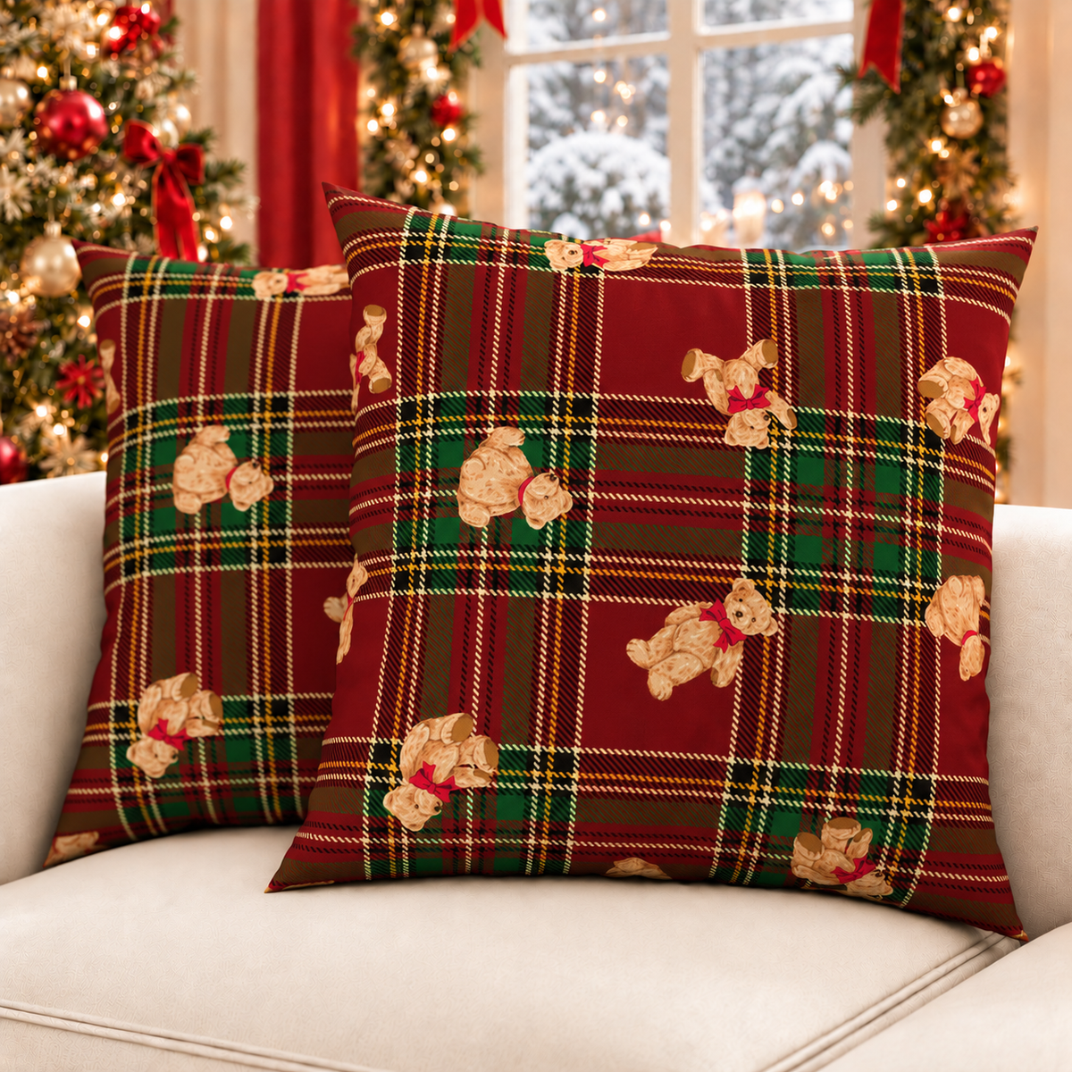 Coussins, Housses de coussin pour canapé, Coussins décoratifs de Noël Ourson Tartan