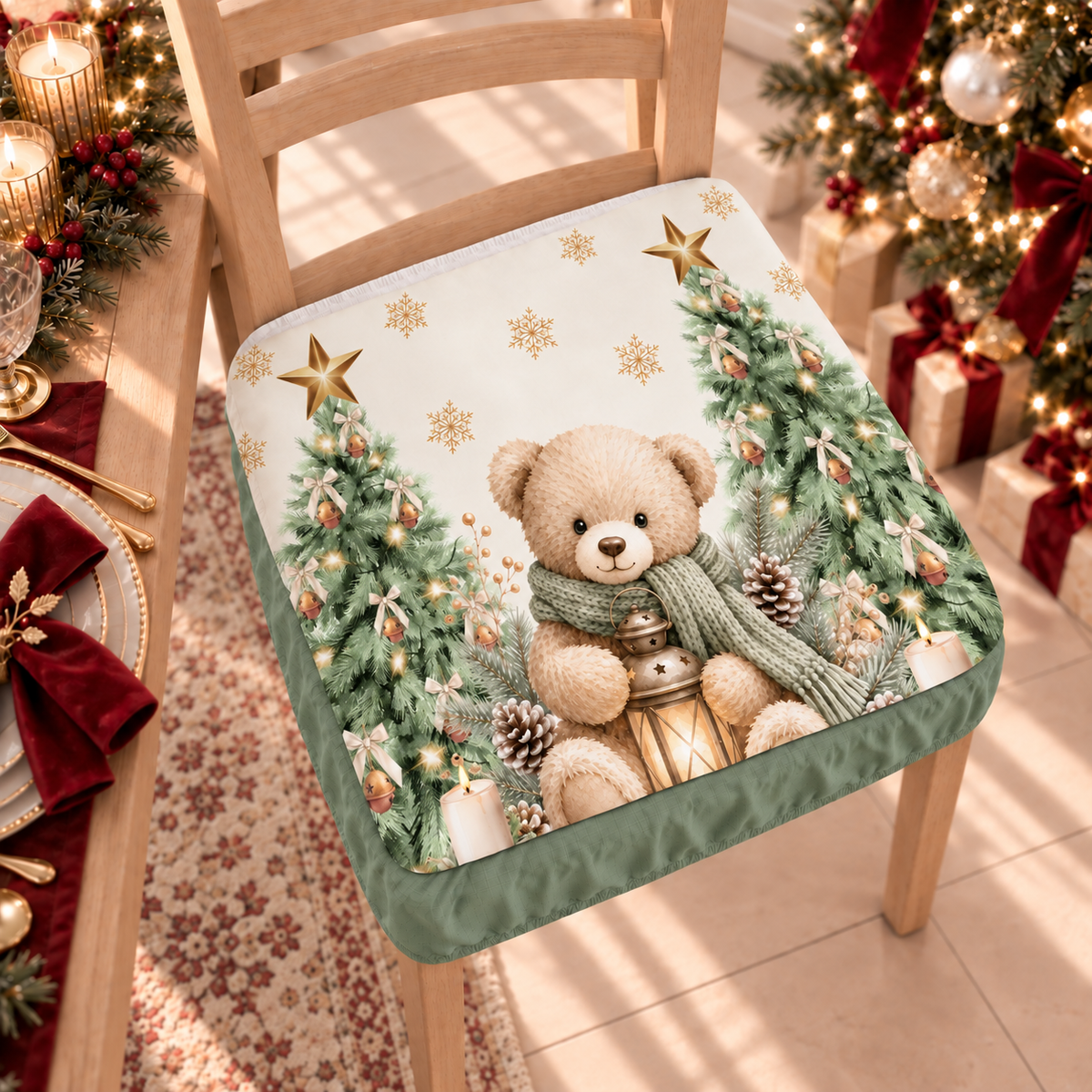 Coprisedia Natalizi con Elastico in Stampa Digitale Teddy Gold