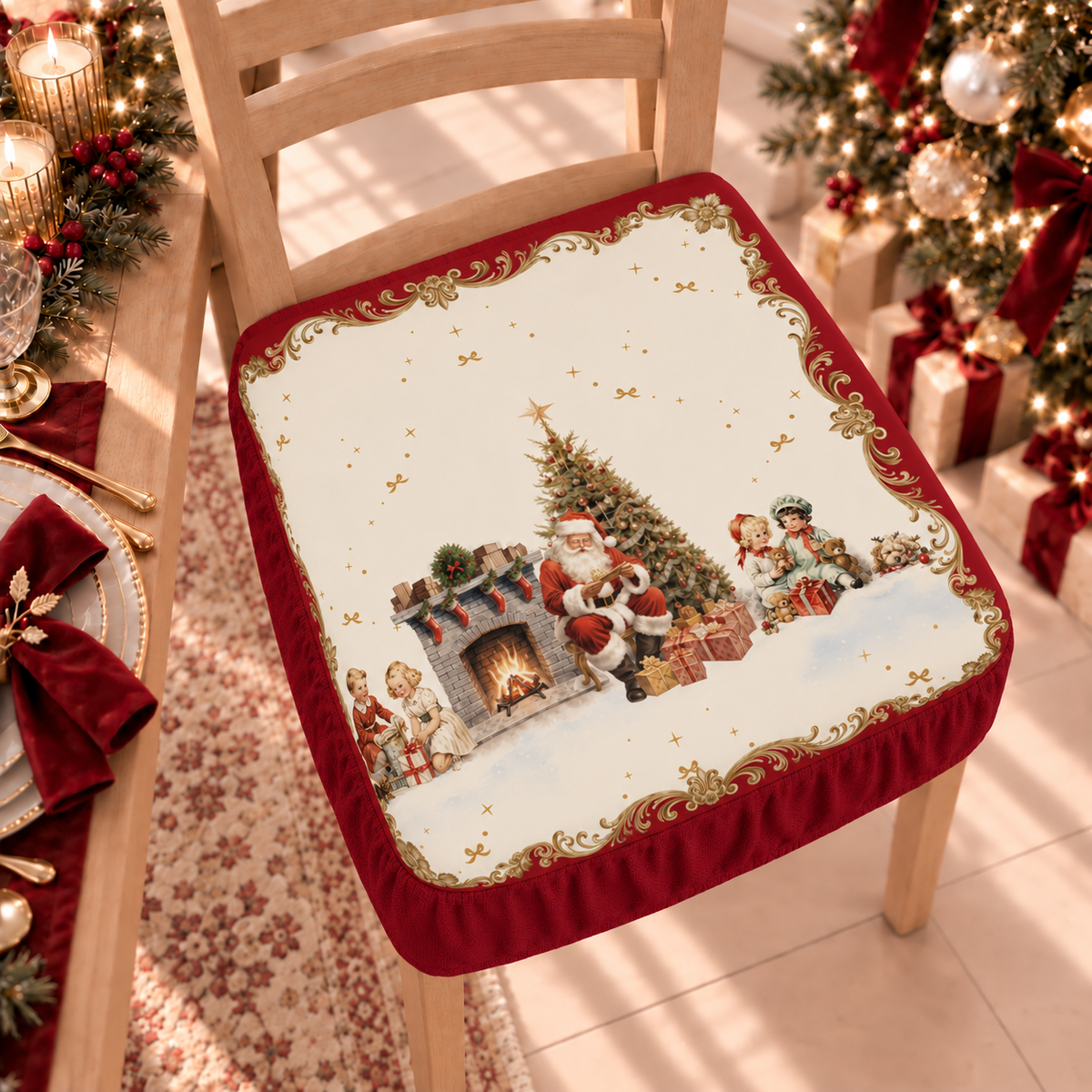 Coprisedia Natalizi con Elastico in Stampa Digitale Vintage Xmas