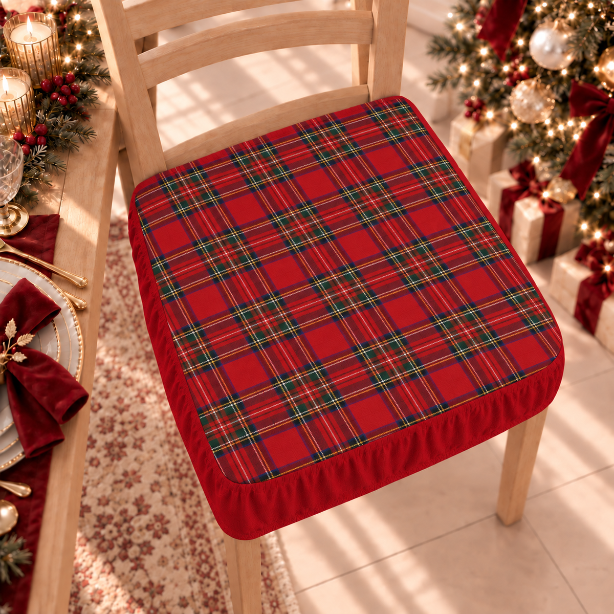Coprisedia Natalizi con Elastico in Stampa Digitale Tartan