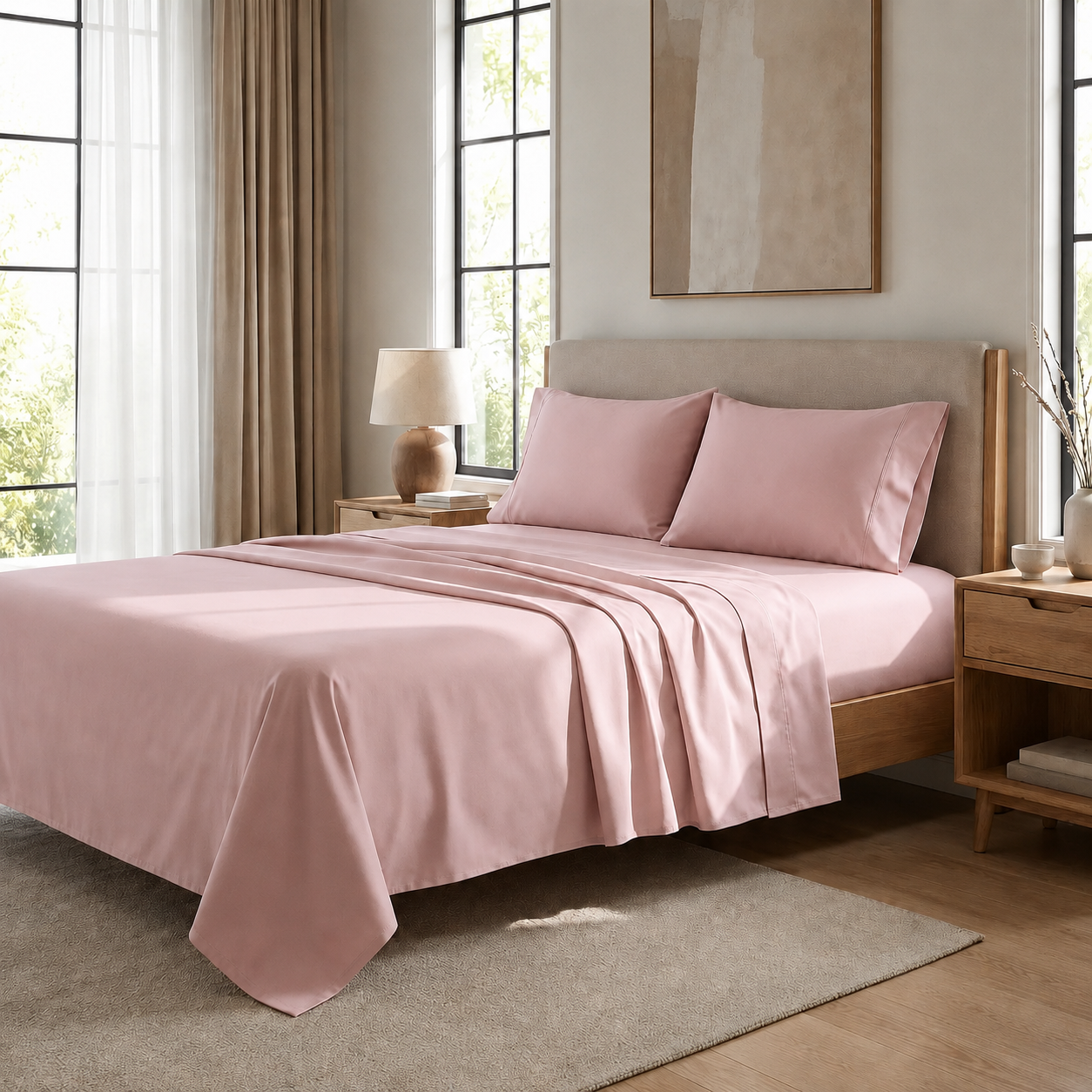 Draps percale, Draps doubles en coton rose poudré
