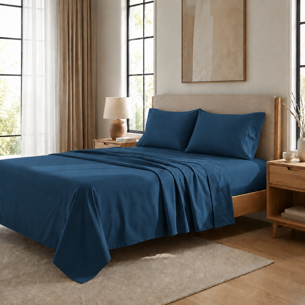 Draps percale, Draps doubles en coton bleu marine