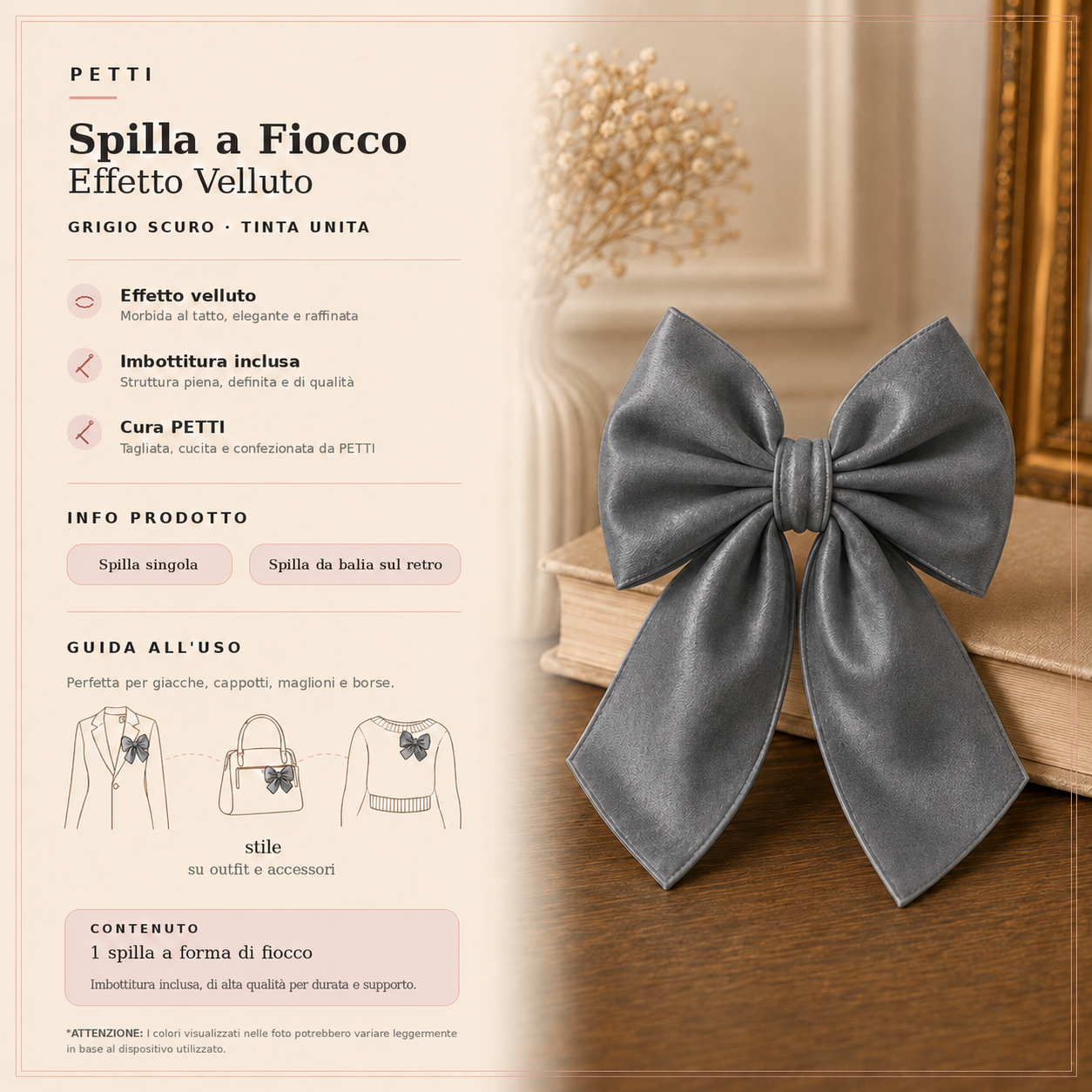 Spilla Decorativa a Fiocco in Effetto Velluto Tinta Unita Grigio Scuro