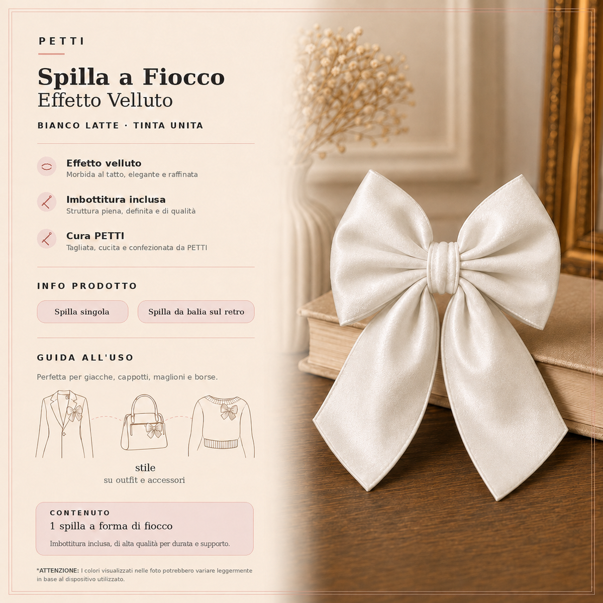Spilla Decorativa a Fiocco in Effetto Velluto Tinta Unita Bianco Latte