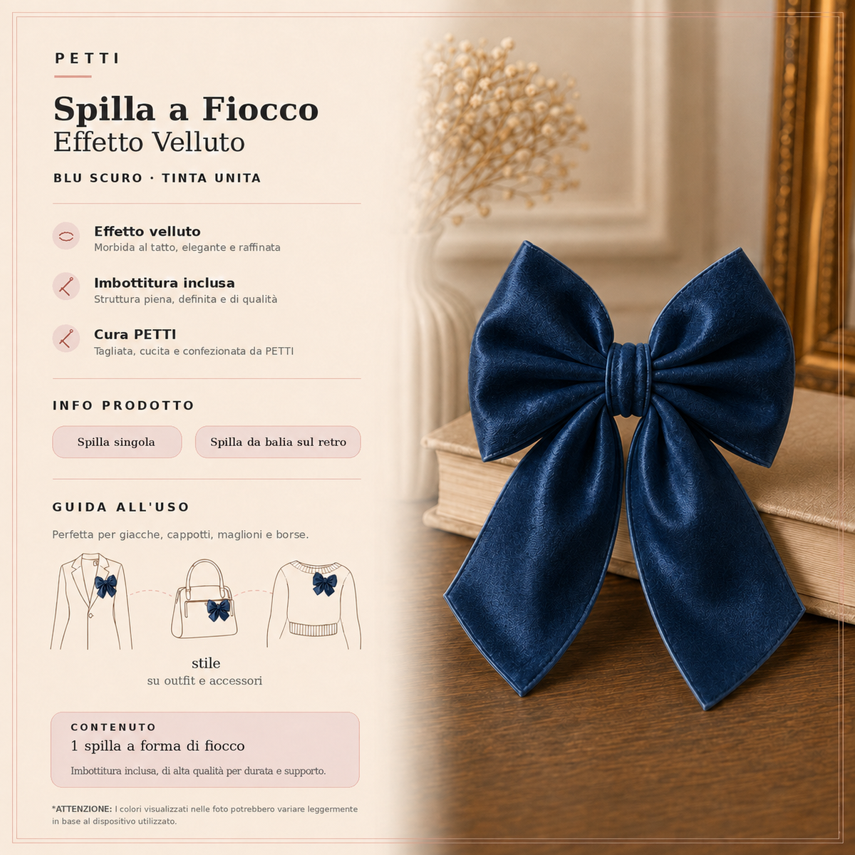Spilla Decorativa a Fiocco in Effetto Velluto Tinta Unita Blu Scuro
