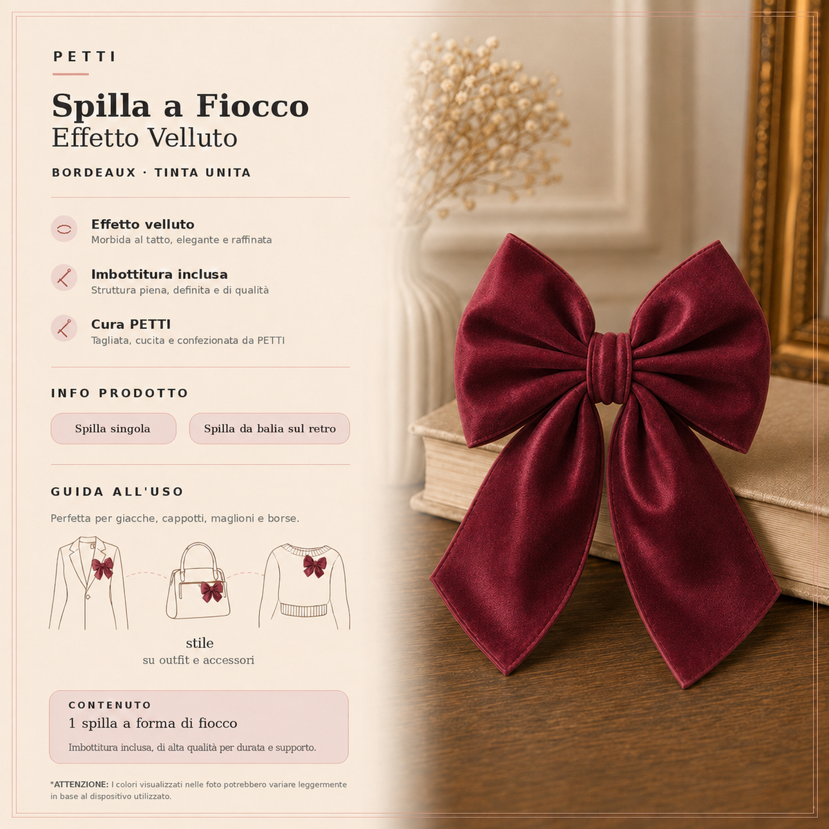 Spilla Decorativa a Fiocco in Effetto Velluto Tinta Unita Bordeaux