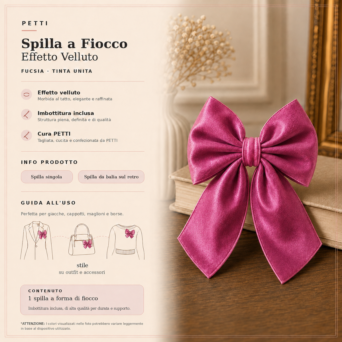 Spilla Decorativa a Fiocco in Effetto Velluto Tinta Unita Fucsia