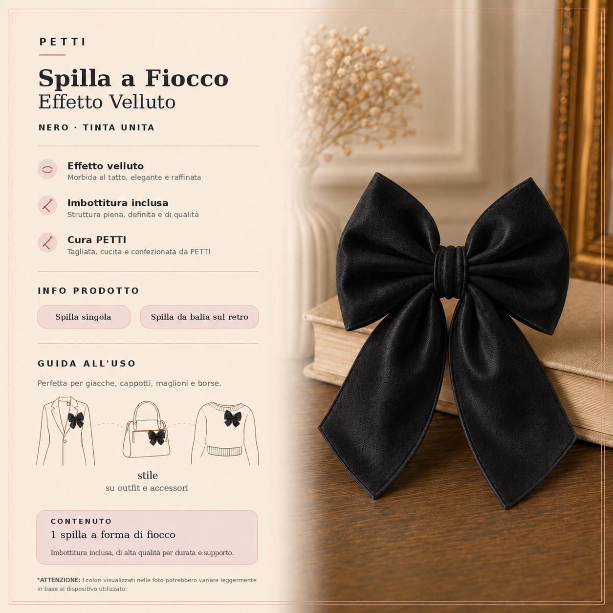 Spilla Decorativa a Fiocco in Effetto Velluto Tinta Unita Nero