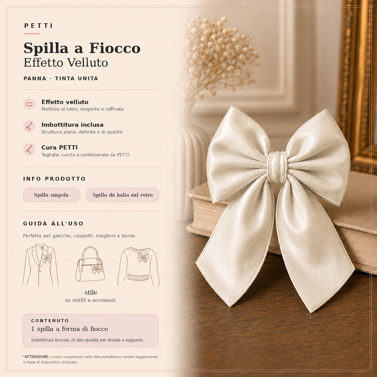Spilla Decorativa a Fiocco in Effetto Velluto Tinta Unita Panna