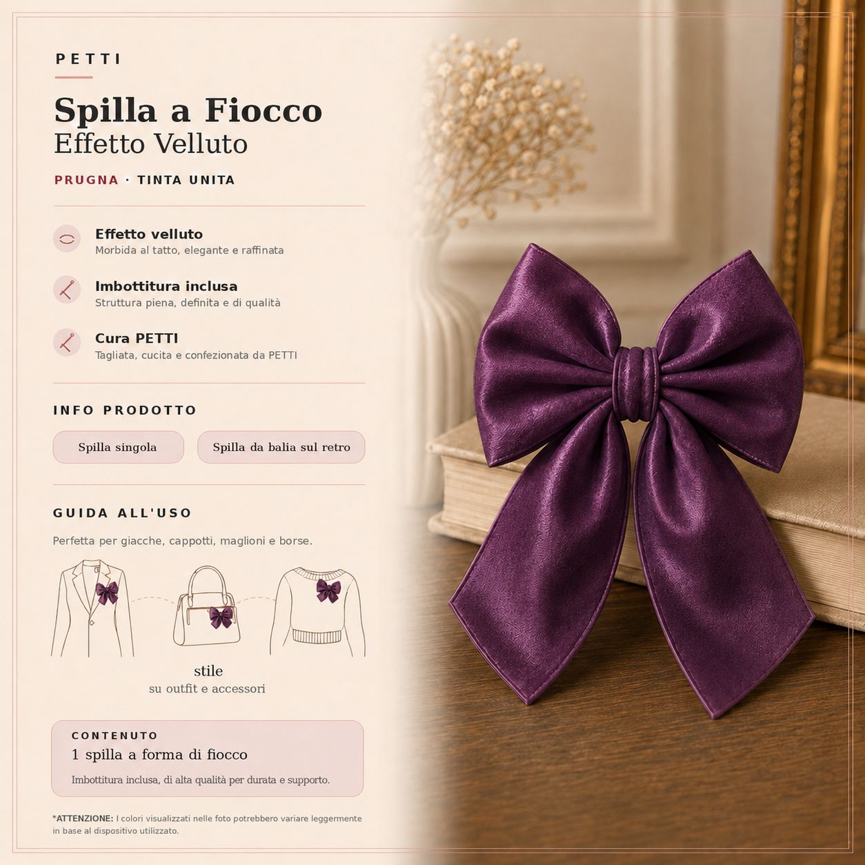 Spilla Decorativa a Fiocco in Effetto Velluto Tinta Unita Prugna