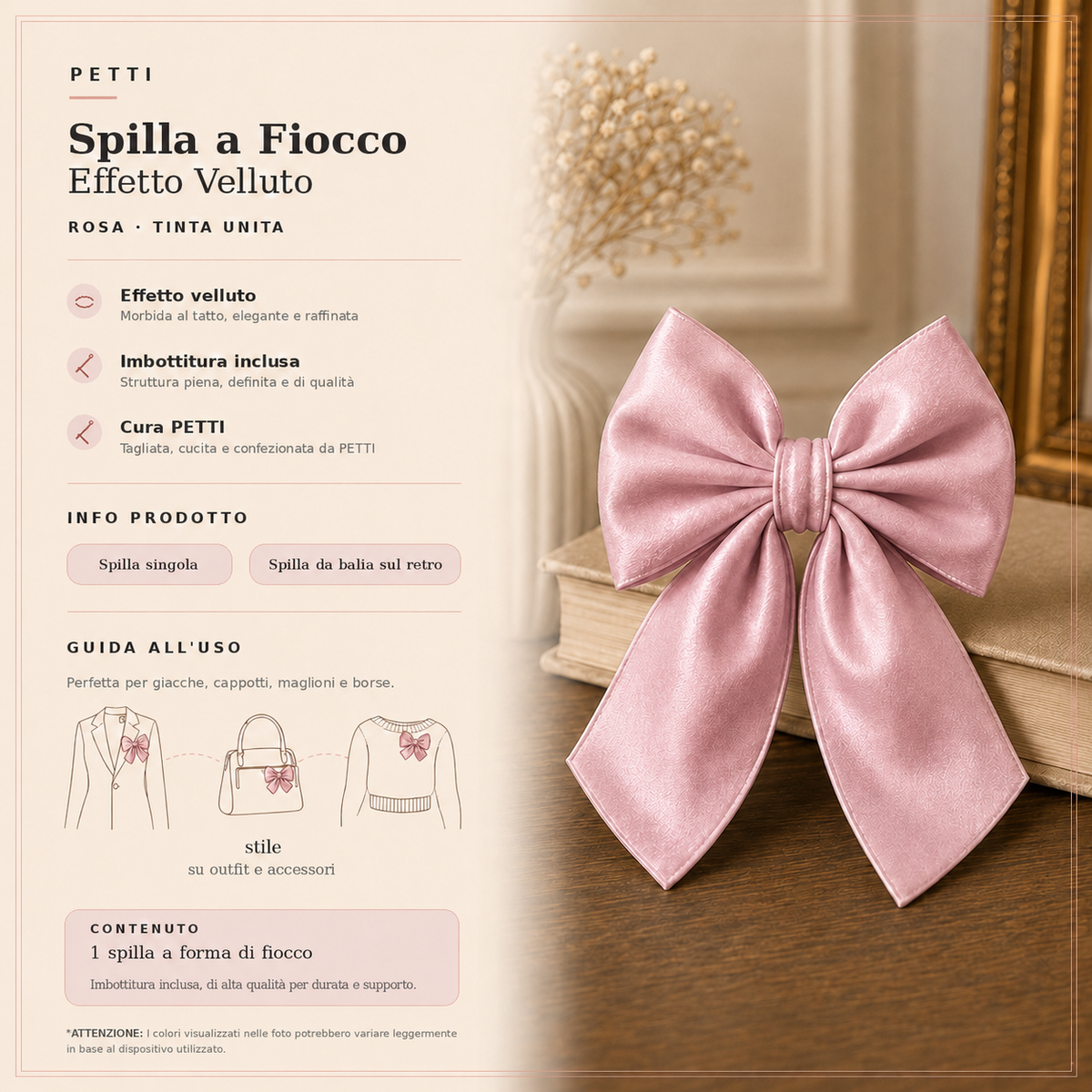 Spilla Decorativa a Fiocco in Effetto Velluto Tinta Unita Rosa