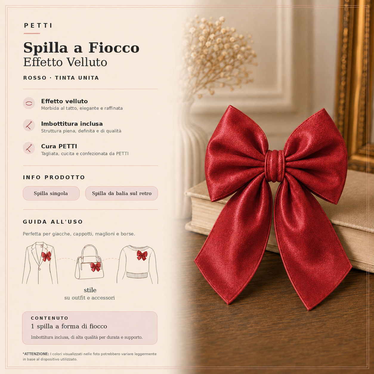 Spilla Decorativa a Fiocco in Effetto Velluto Tinta Unita Rosso