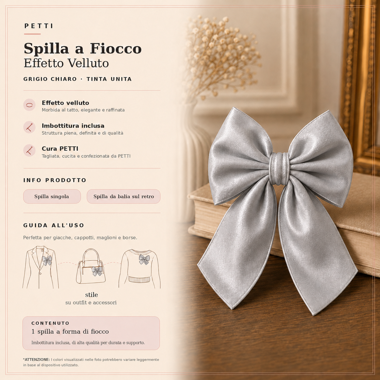 Spilla Decorativa a Fiocco in Effetto Velluto Tinta Unita Grigio Chiaro