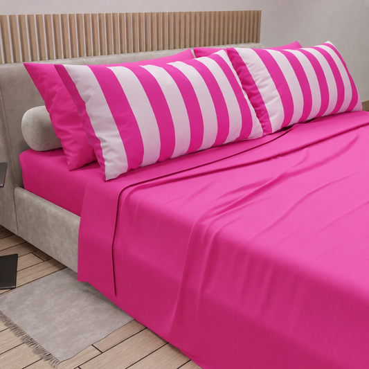 Lenzuola in Cotone, Completo Letto con Federe in Stampa Digitale Righe Fucsia/Rosa