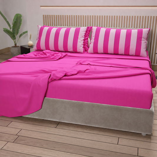 Lenzuola in Cotone, Completo Letto con Federe in Stampa Digitale Righe Fucsia/Rosa
