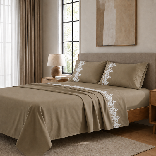 Lenzuola Percalle con Pizzo, Lenzuola Matrimoniali Cotone Tortora
