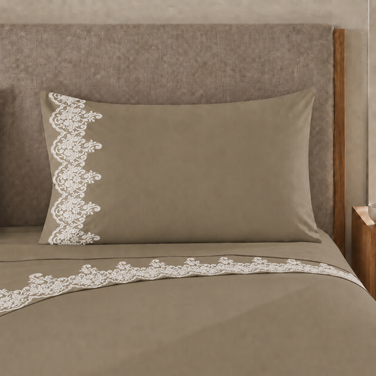 Lenzuola Percalle con Pizzo, Lenzuola Matrimoniali Cotone Tortora