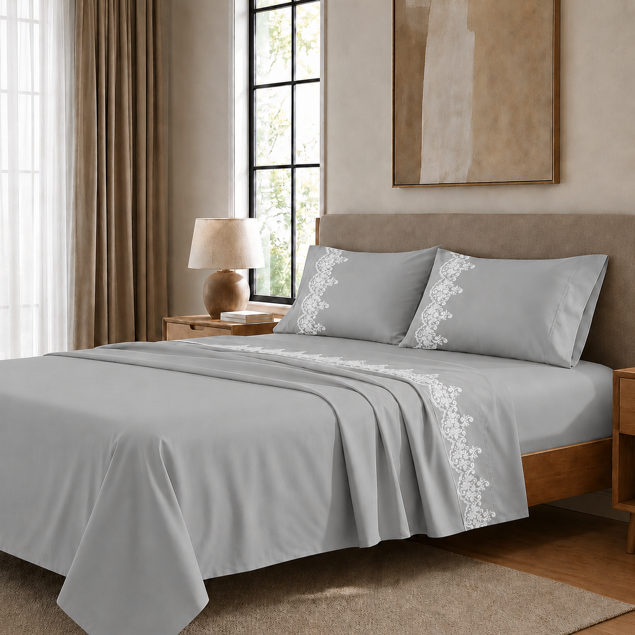Lenzuola Percalle con Pizzo, Lenzuola Matrimoniali Cotone Grigio