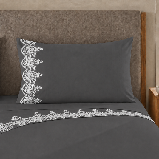 Lenzuola Percalle con Pizzo, Lenzuola Matrimoniali Cotone Grigio Fumo